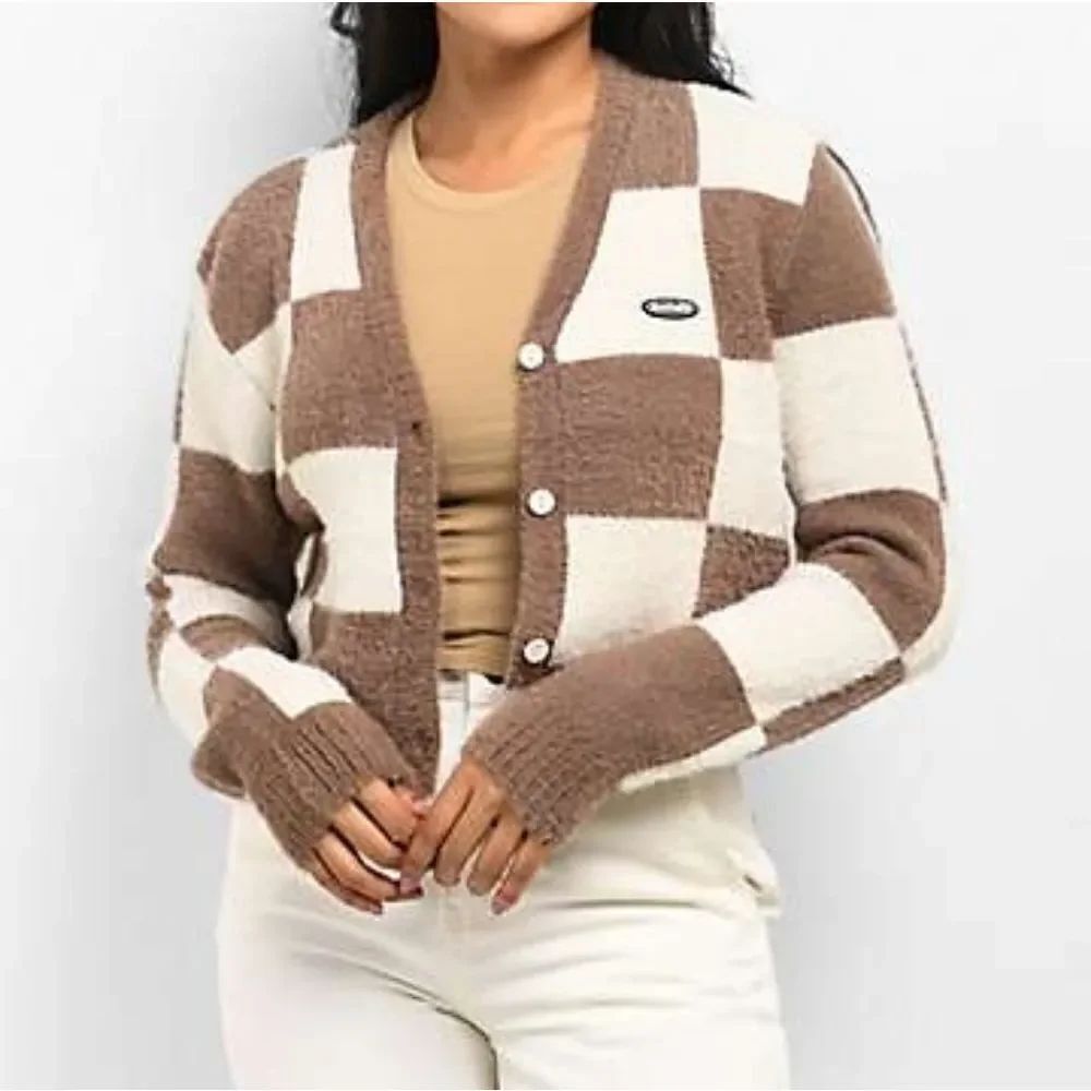 Petals Brown and Cream Checkered Crop Cardigan